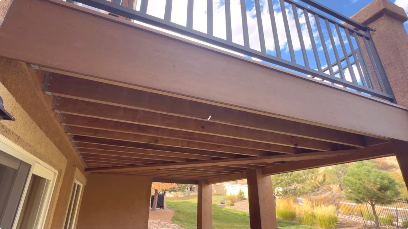 The underside of a Stoddard deck frame, showing joist spacing and beam detail